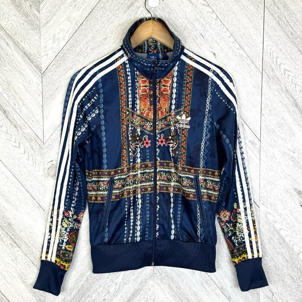 adidas Navy Blue Floral Print Bomber Jacket with White Stripes